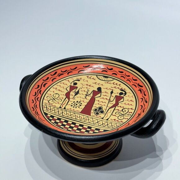 Vintage Hand Made Savas Ceramics Rhodes Small Pedestal Bowl Greek Figures (A9) - Picture 5 of 16